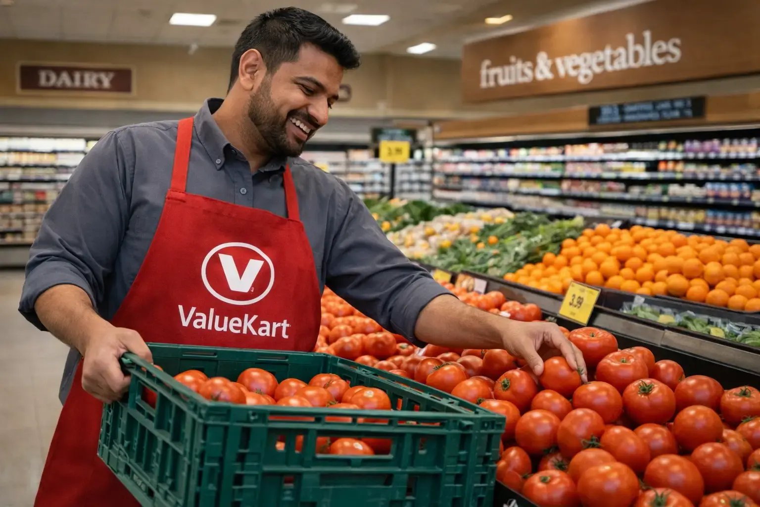 Grocery man picking tomatoes. Grocery man picking tomatoes.