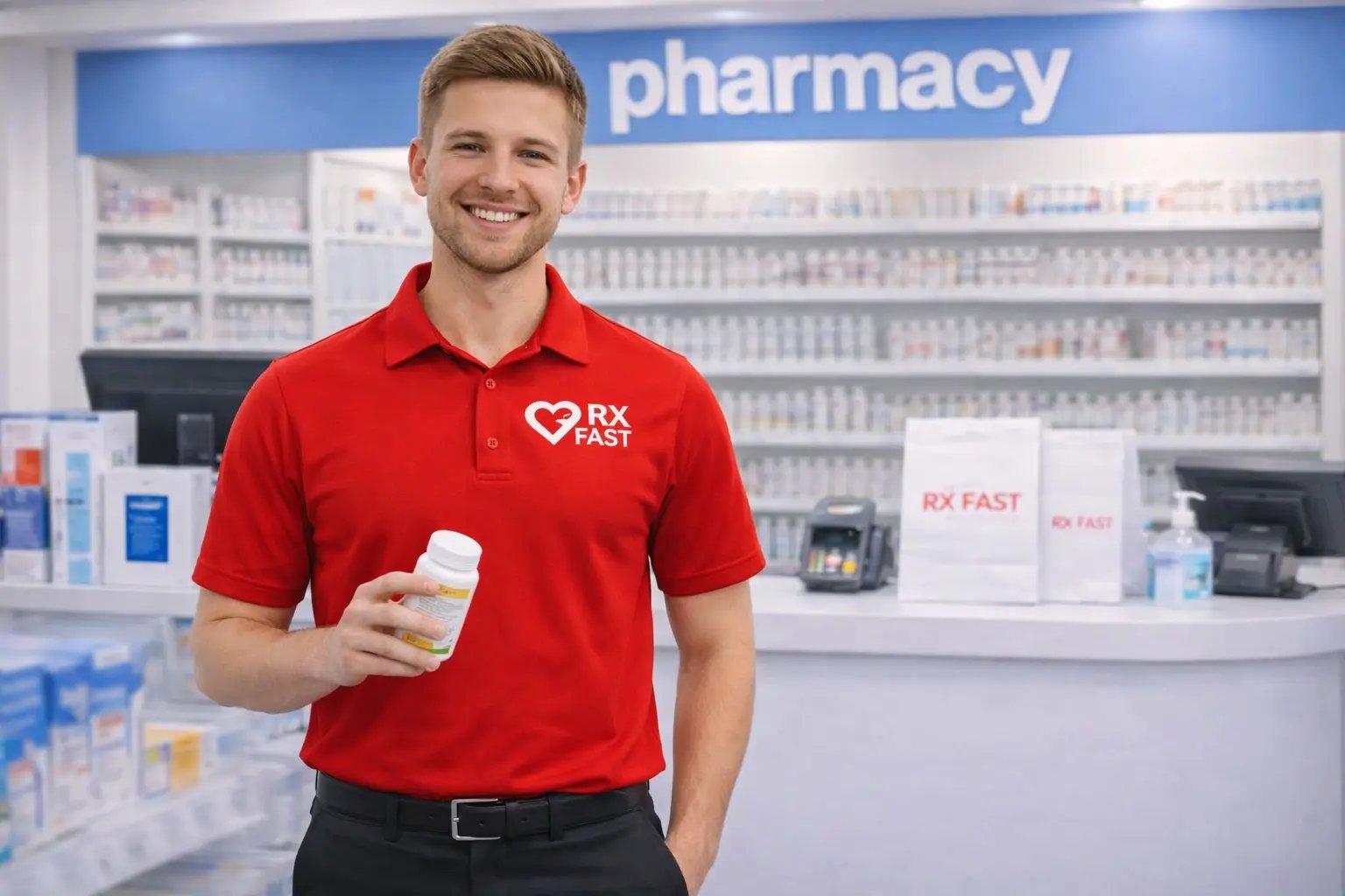 Smiling pharmacy employee with prescription bottle Smiling pharmacy employee with prescription bottle