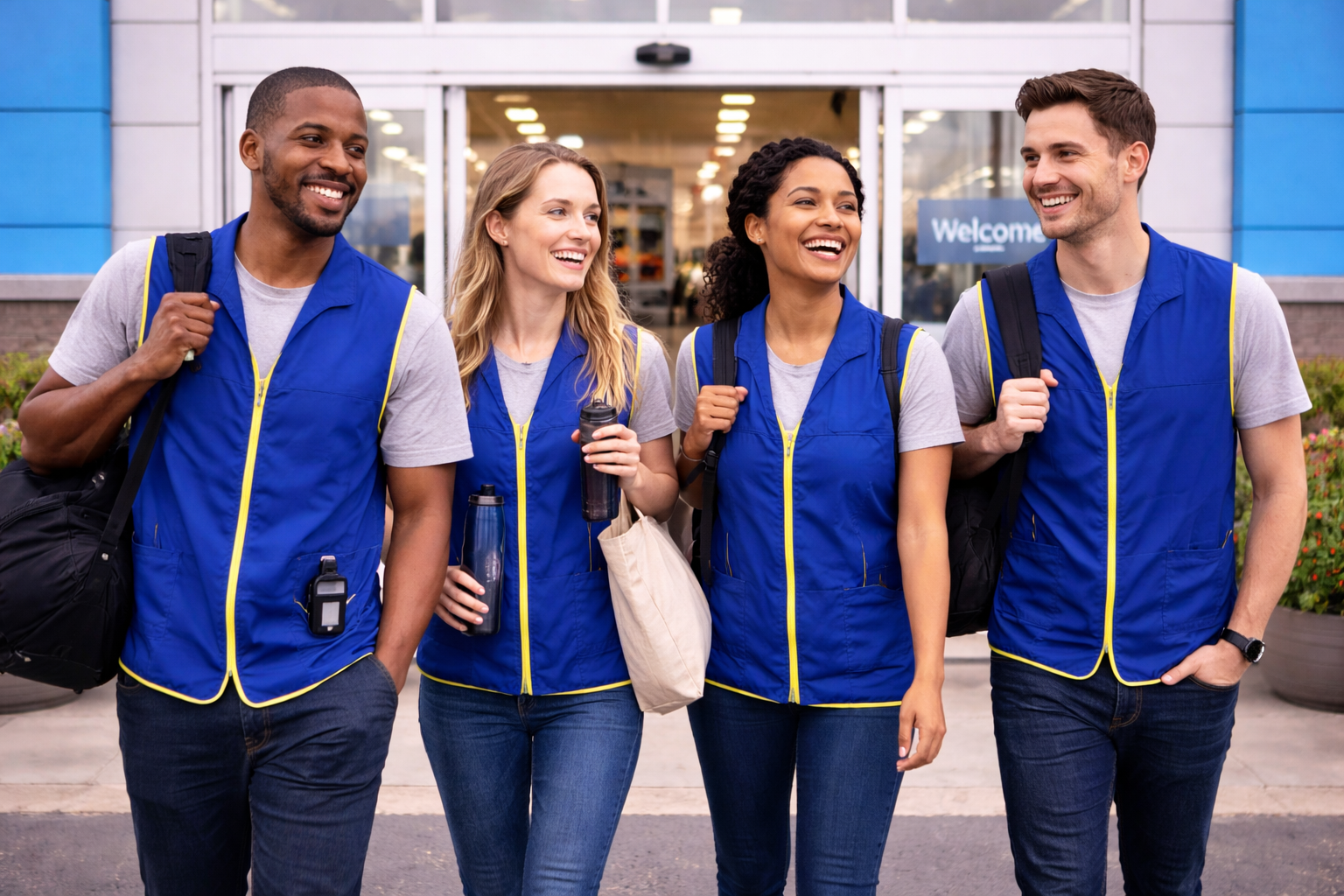 Retail team exiting with smiles