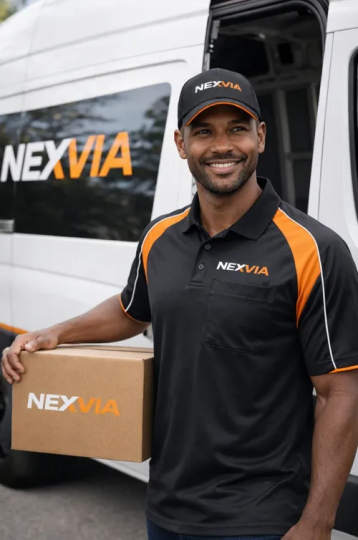 Fed Ex Uniform man standing with box next to van Fed Ex Uniform man standing with box next to van